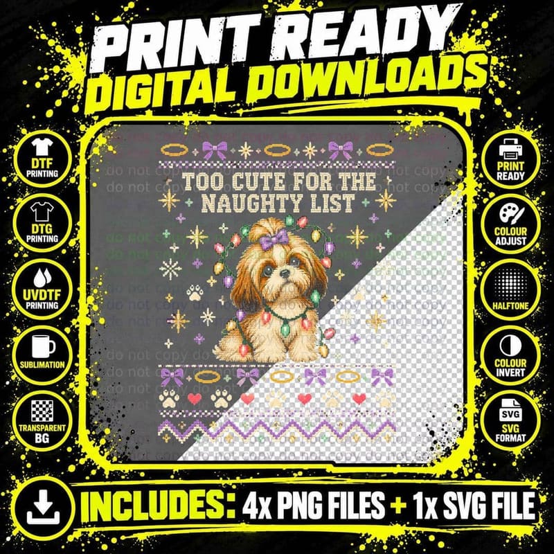 Shih Tzu Too Cute For The Naughty List Christmas Lights Png SVG Digital Bundle
