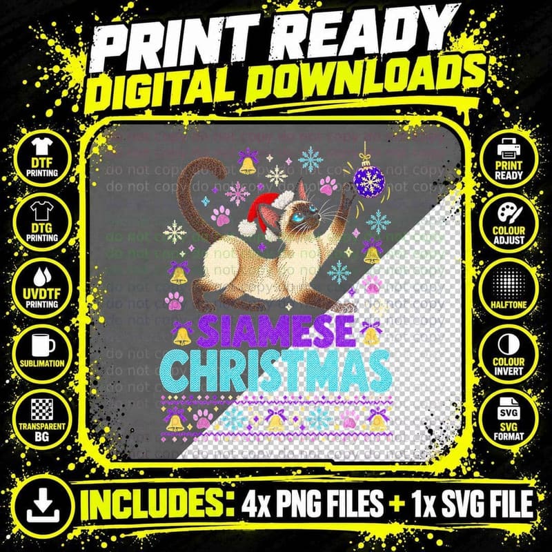 Siamese Christmas Cat Swiping Bauble Ugly Sweater Knit Png SVG Digital Bundle