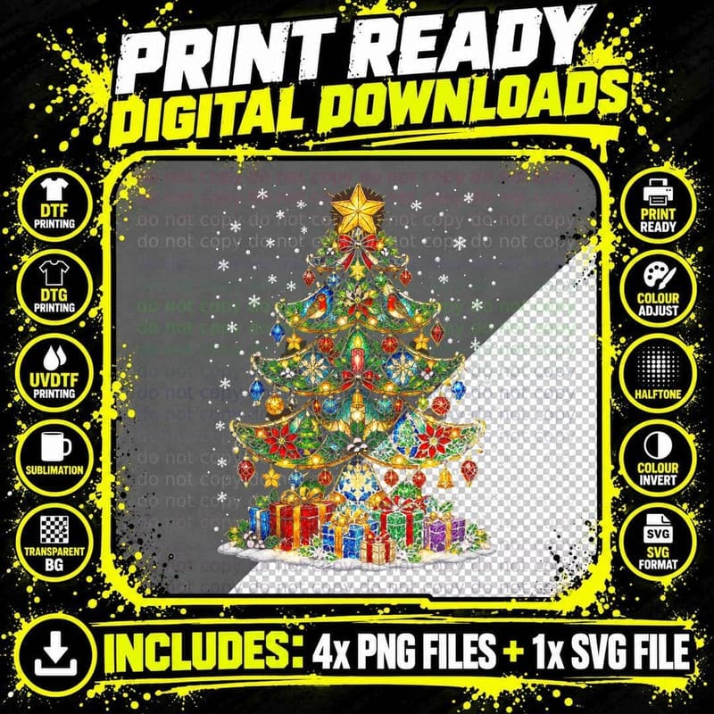 Stained Glass Christmas Tree Robins Poinsettia Jewel Png SVG Digital Bundle