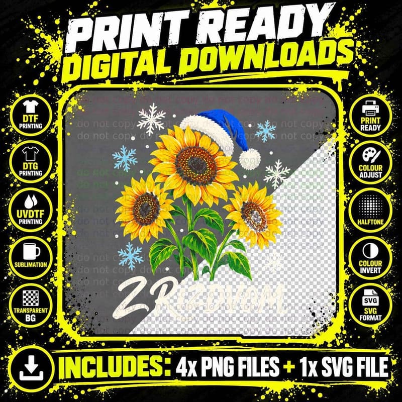 Sunflowers Blue Santa Hat Z Rizdvom Ukrainian Christmas Png SVG Digital Bundle