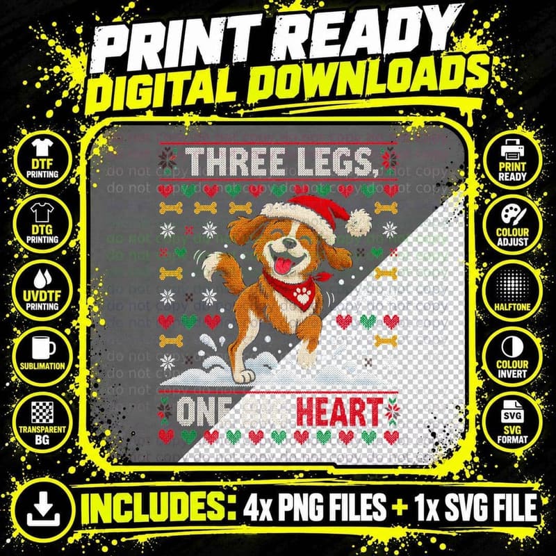 Three Legs One Big Heart Tripod Rescue Dog Christmas Png SVG Digital Bundle
