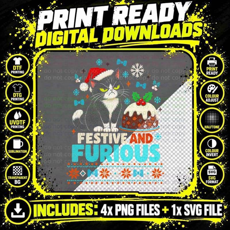 Tuxedo Cat Festive And Furious Grumpy Christmas Pudding Png SVG Digital Bundle