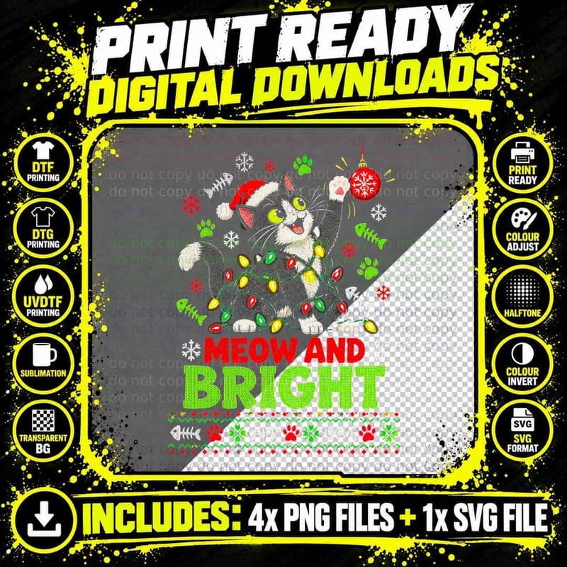 Tuxedo Cat Meow And Bright Christmas Lights Ugly Knit Png SVG Digital Bundle