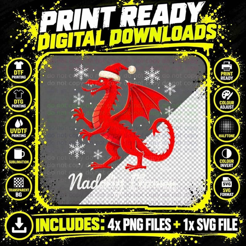 Welsh Red Dragon Santa Hat Nadolig Llawen Wales Png SVG Digital Bundle