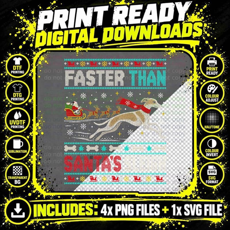 Whippet Faster Than Santa's Sleigh Running Christmas Png SVG Digital Bundle