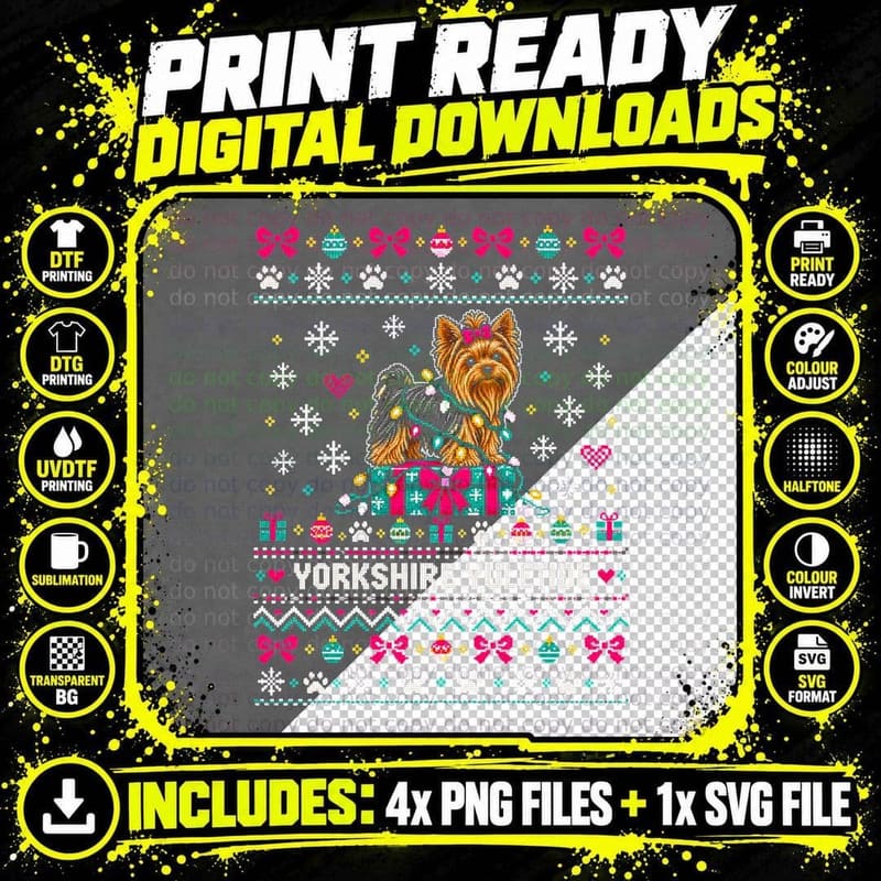 Yorkshire Yuletide Yorkie Christmas Ugly Sweater Xmas Png SVG Digital Bundle