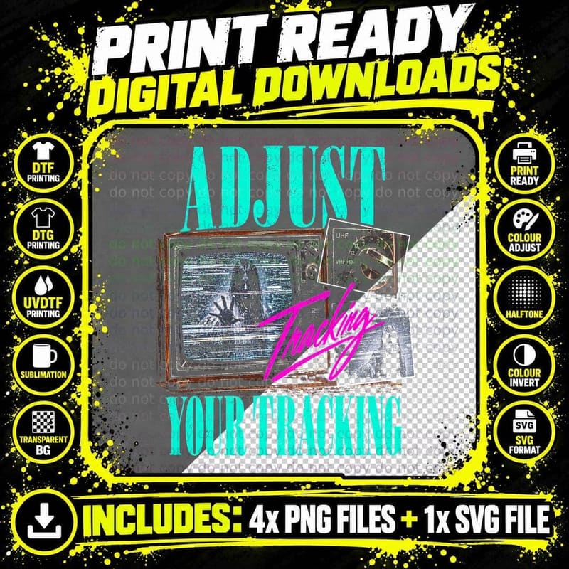 Adjust Your Tracking Fuzzy Telly Retro 80s VHS Video Png SVG Digital Bundle
