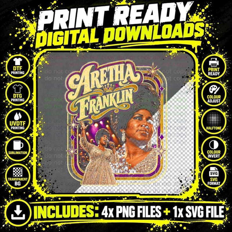 Aretha Franklin Queen of Soul Gold Crown Retro 70s Png SVG Digital Bundle