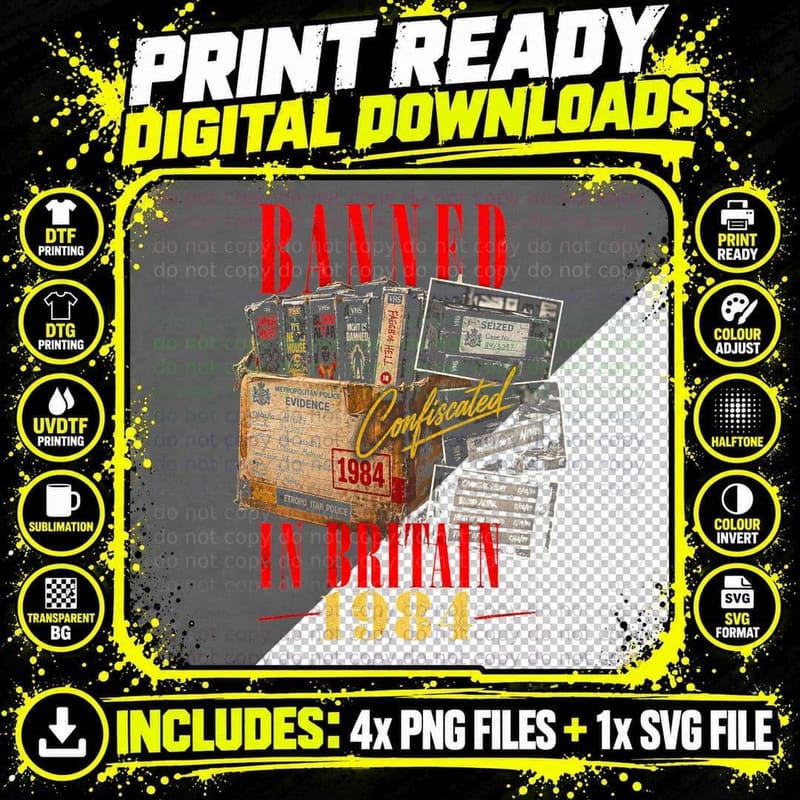 Banned in Britain 1984 Confiscated Video Nasties Seized Png SVG Digital Bundle