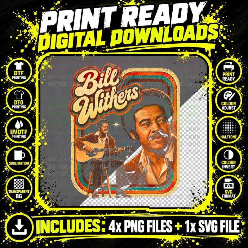 Bill Withers Acoustic Guitar on Stool Retro 70s Soul Png SVG Digital Bundle