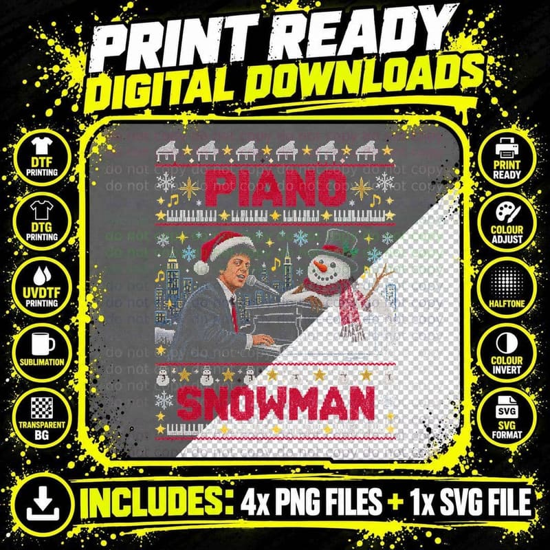 Billy Joel Piano Snowman Christmas Ugly Sweater 70s Png SVG Digital Bundle