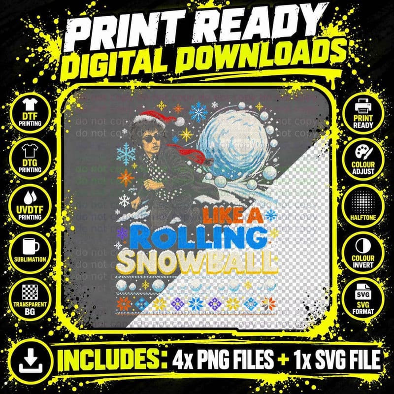 Bob Dylan Like a Rolling Snowball Christmas Ugly Sweater Png SVG Digital Bundle