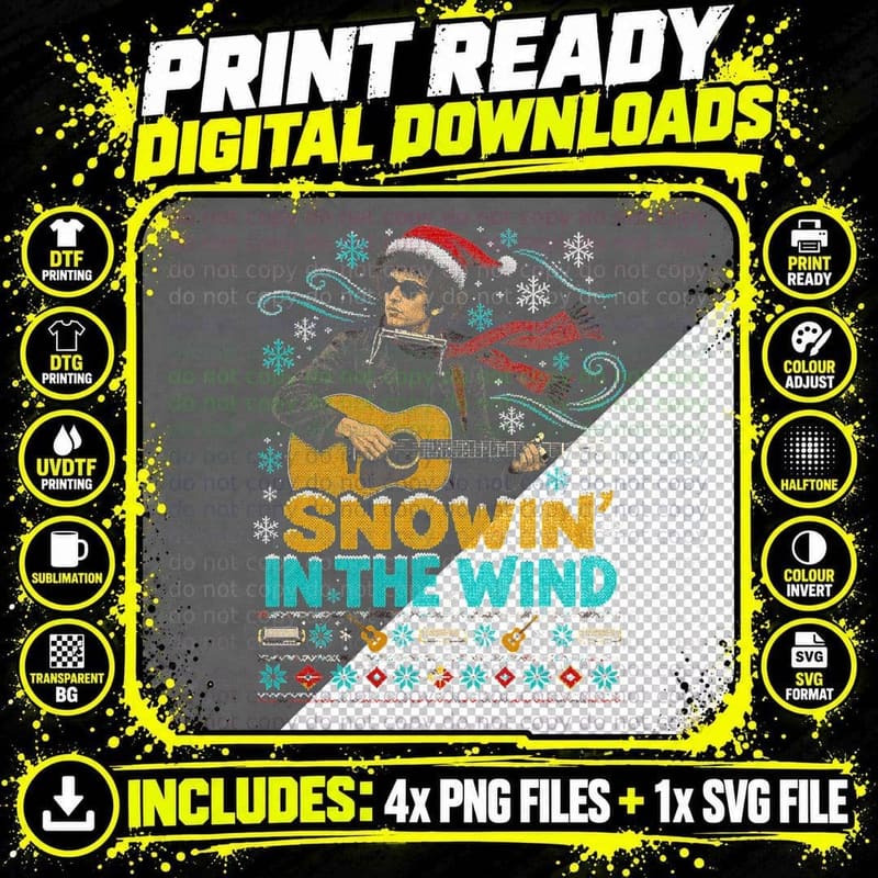 Bob Dylan Snowin' in the Wind Christmas Ugly Sweater 60s Png SVG Digital Bundle