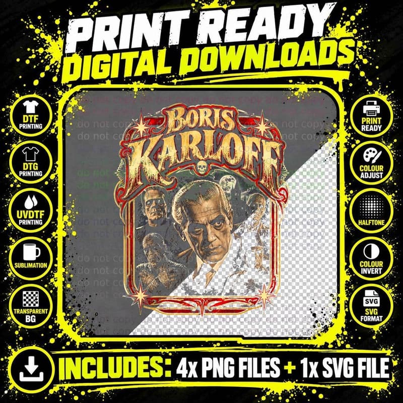 Boris Karloff Frankenstein Monster Mummy Retro 70s Png SVG Digital Bundle