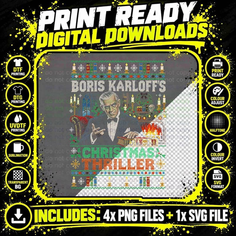 Boris Karloff's Christmas Thriller Ugly Sweater Fireside Png SVG Digital Bundle