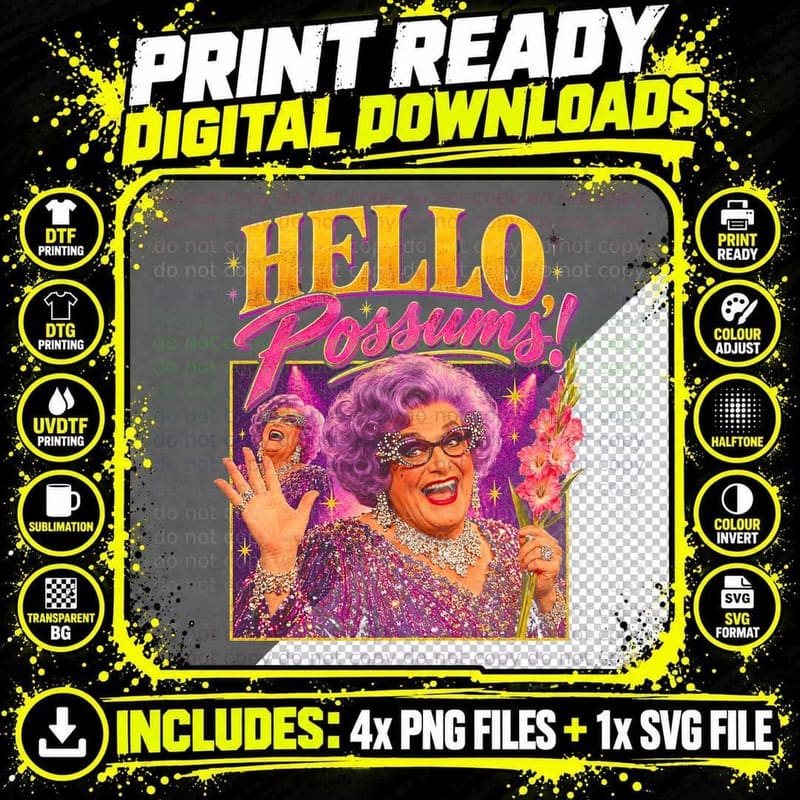 Dame Edna Everage Hello Possums Lilac Hair Gladioli Png SVG Digital Bundle