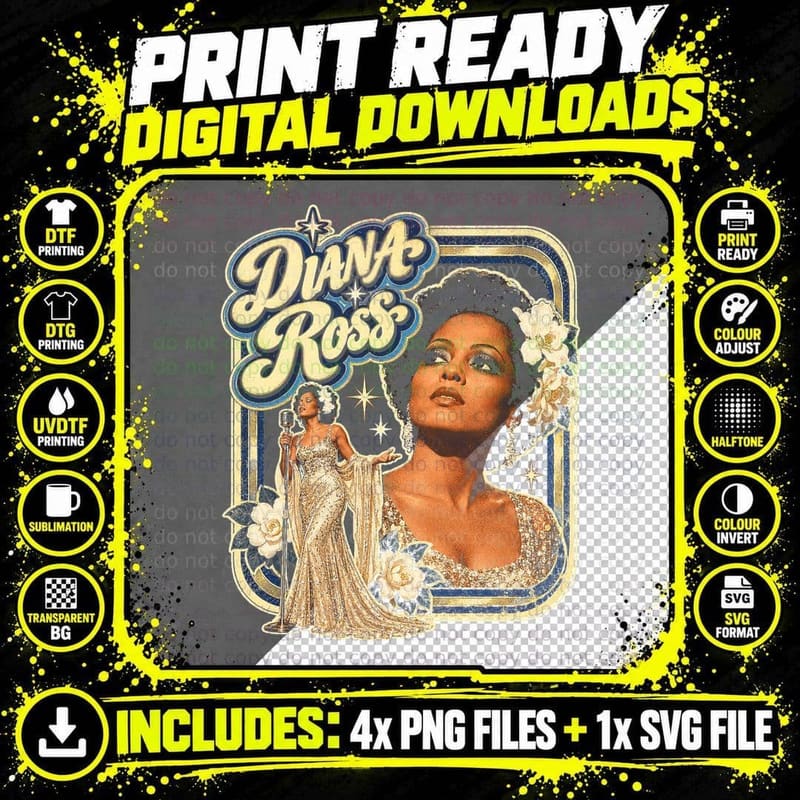 Diana Ross Gold Gown White Gardenias Retro 70s Soul Diva Png SVG Digital Bundle