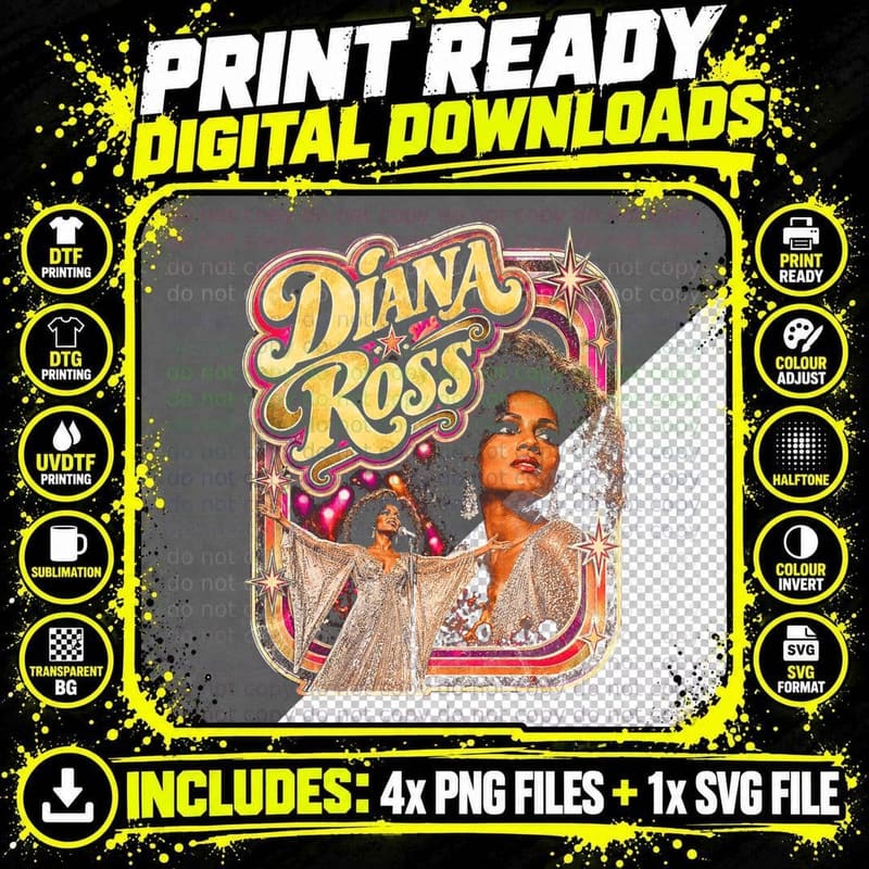 Diana Ross Silver Sequin Cape Stage Lights Retro 70s Png SVG Digital Bundle