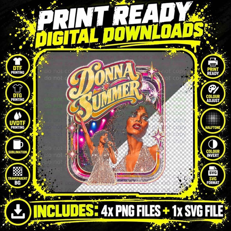 Donna Summer Gold Sequin Dress Pink Stage Lights Retro Png SVG Digital Bundle