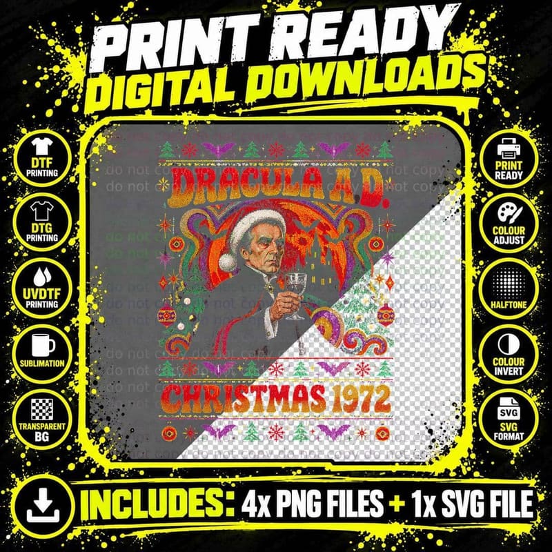 Dracula Ad Christmas 1972 Retro 70s Vampire Ugly Sweater Png SVG Digital Bundle
