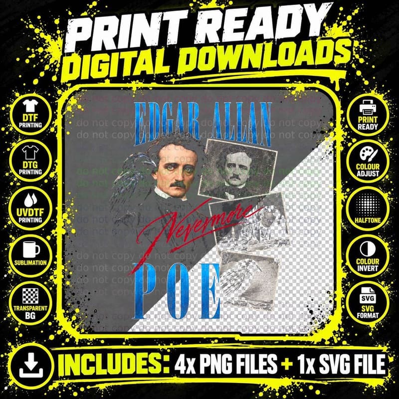 Edgar Allan Poe Nevermore Raven Gothic Horror Writer Png SVG Digital Bundle