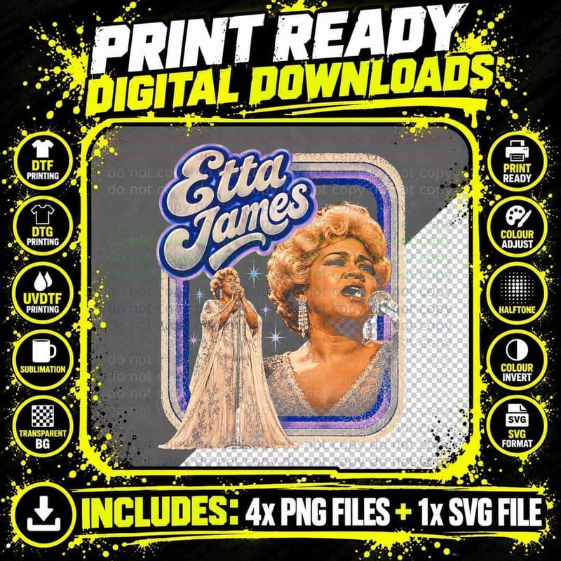 Etta James Cream Gown Chandelier Earrings Retro 60s Soul Png SVG Digital Bundle