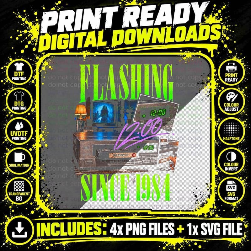 Flashing Since 1984 Video Recorder Clock Retro 80s VHS Png SVG Digital Bundle