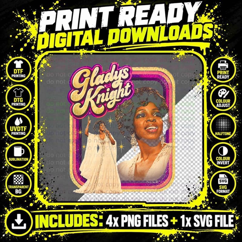 Gladys Knight White Gown Arm Raised Retro 70s Soul Png SVG Digital Bundle