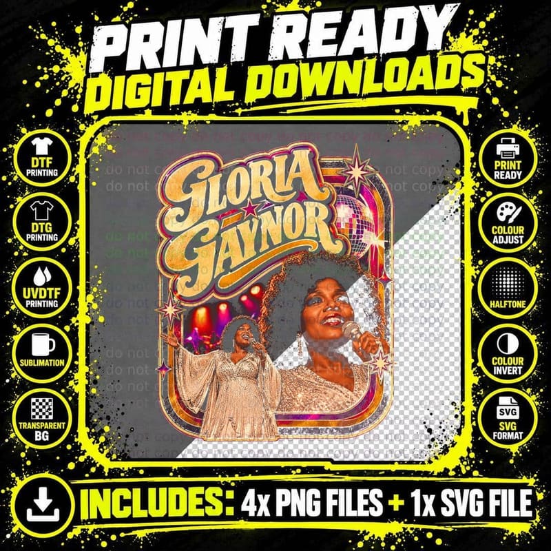 Gloria Gaynor Gold Gown Microphone Stage Lights Retro Png SVG Digital Bundle