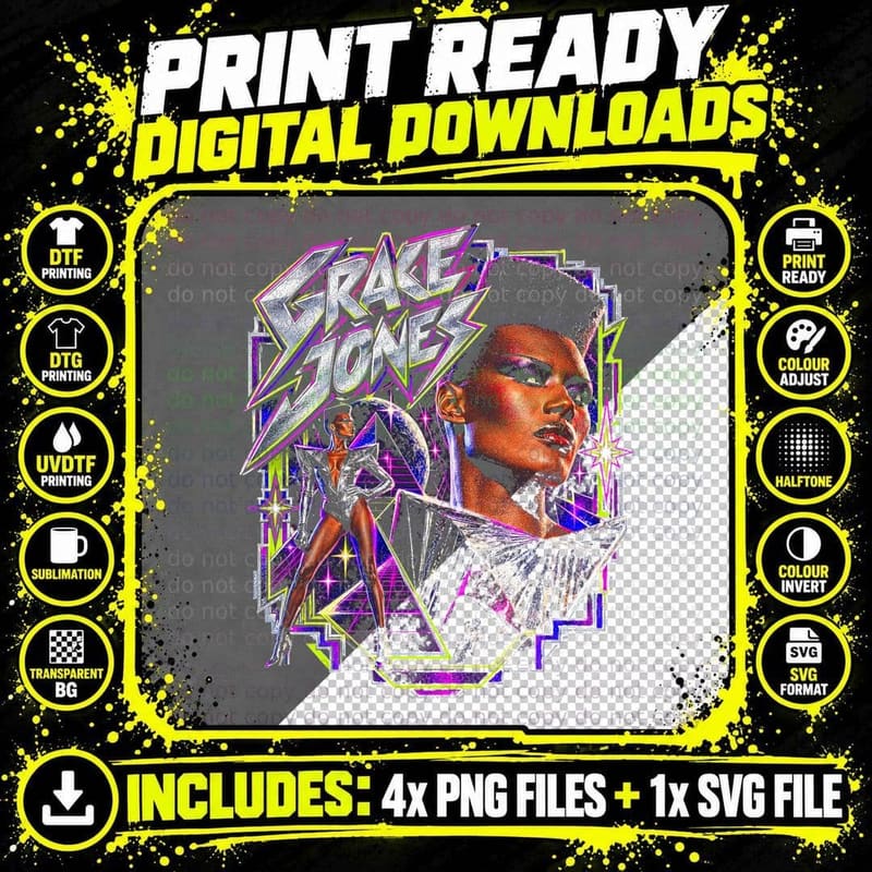 Grace Jones Silver Geometric Outfit Lightning Retro 80s Png SVG Digital Bundle