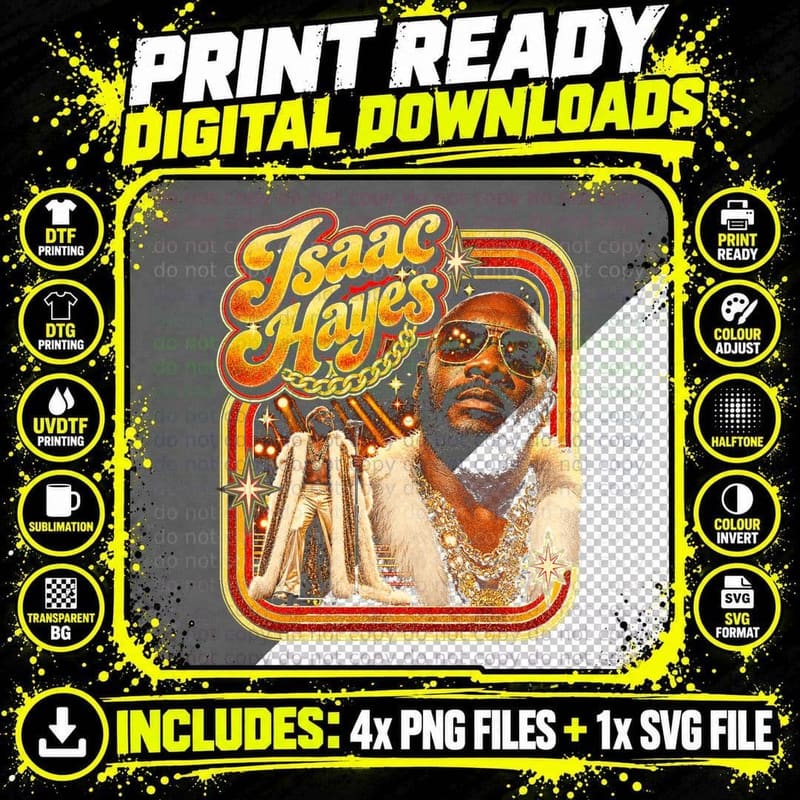 Isaac Hayes White Fur Coat Gold Chains Shades Retro 70s Png SVG Digital Bundle