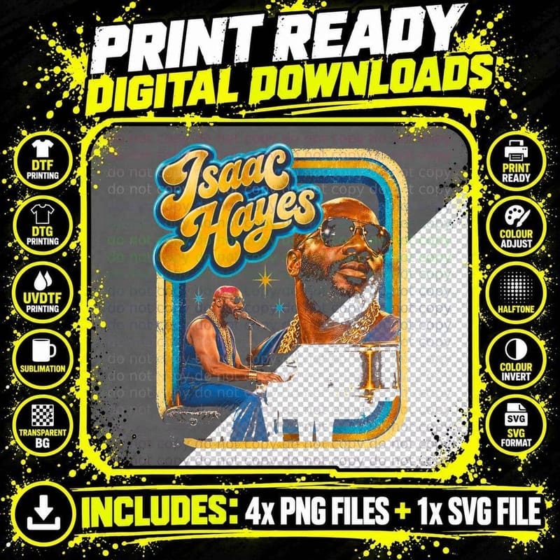 Isaac Hayes at the Piano Gold Chains Sunglasses Retro Png SVG Digital Bundle