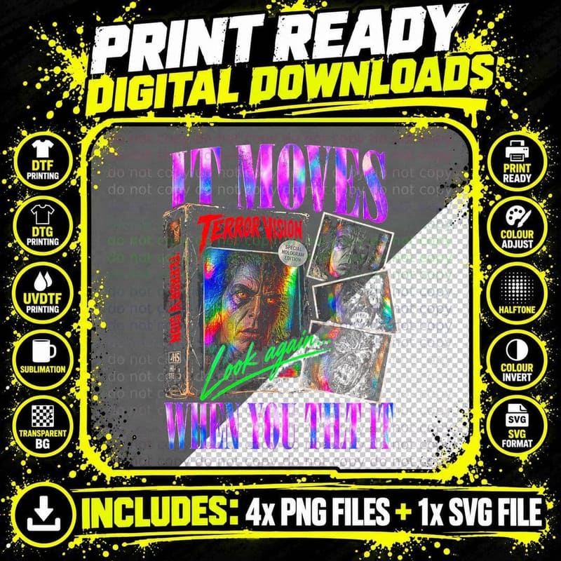 It Moves When You Tilt It Hologram VHS Cover Retro 80s Png SVG Digital Bundle