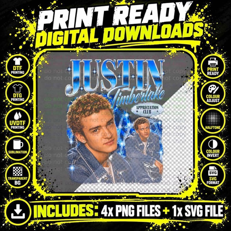 Justin Timberlake Appreciation Club Curly Hair Retro 90s Png SVG Digital Bundle