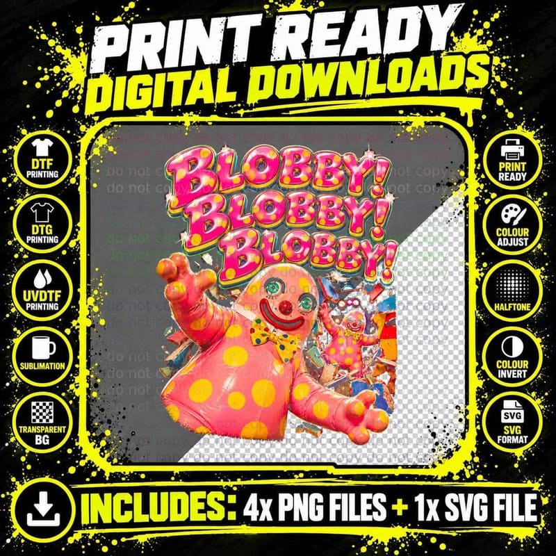 Mr Blobby Pink Yellow Spots Crashing Through Retro 90s Png SVG Digital Bundle