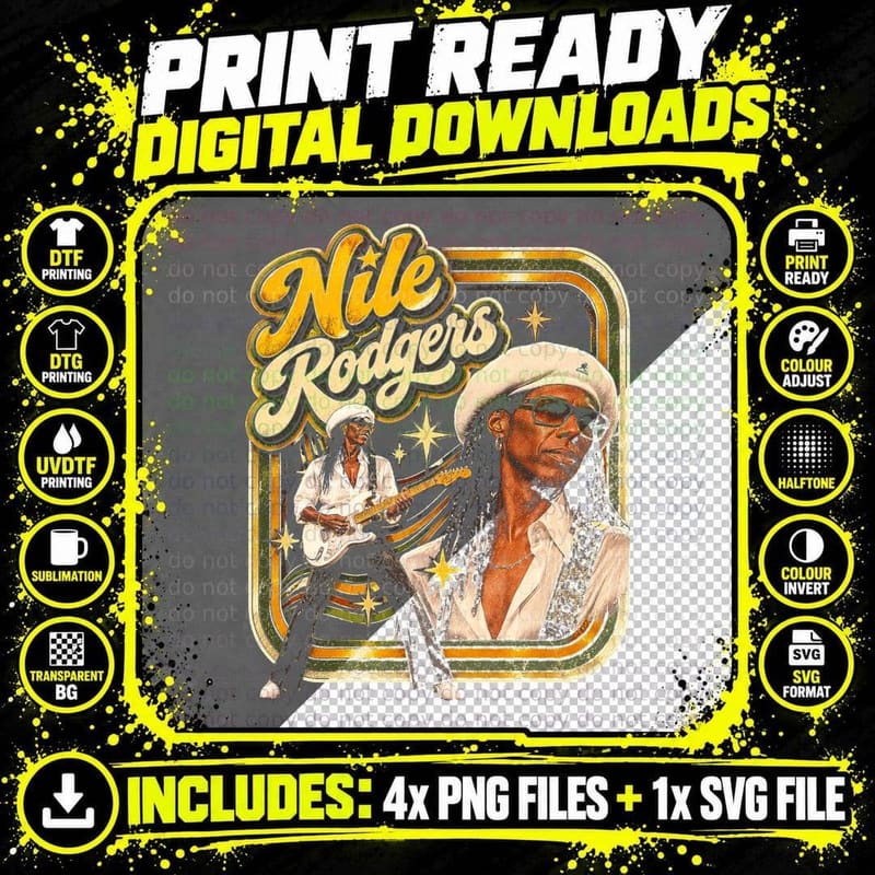 Nile Rodgers White Beret Guitar Retro 70s Disco Funk Png SVG Digital Bundle