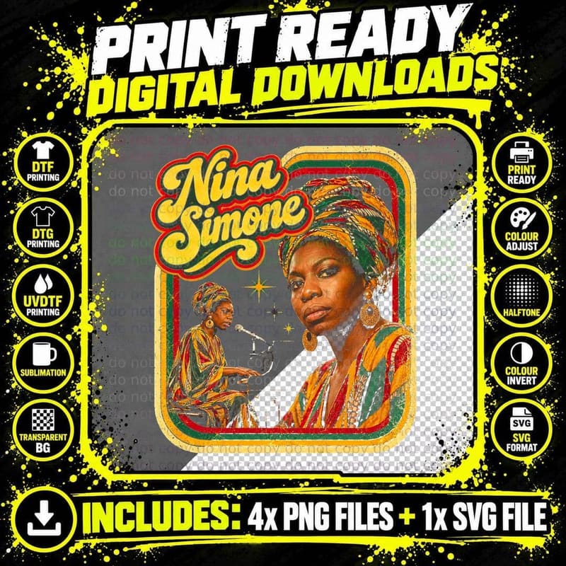 Nina Simone Headwrap African Print Piano Retro Jazz Soul Png SVG Digital Bundle