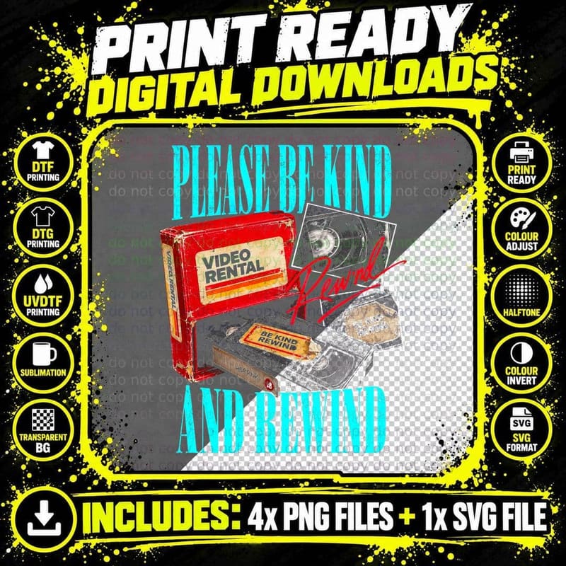 Please Be Kind and Rewind VHS Rental Case Retro 80s Png SVG Digital Bundle
