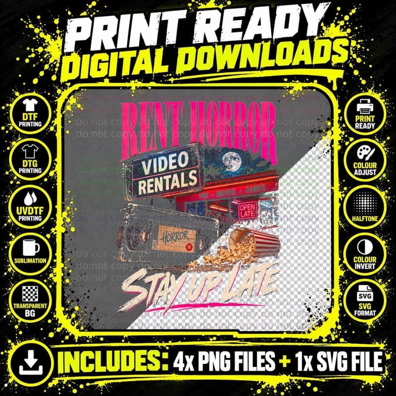 Rent Horror Stay Up Late Video Rentals Shop Neon Retro Png SVG Digital Bundle