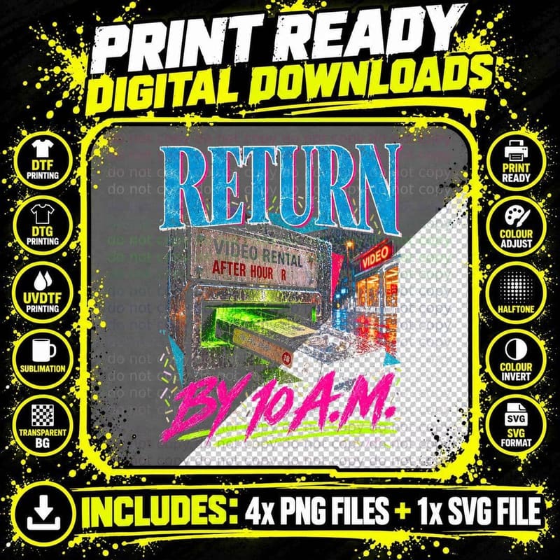 Return by 10am Video Shop Drop Slot After Hours VHS Png SVG Digital Bundle
