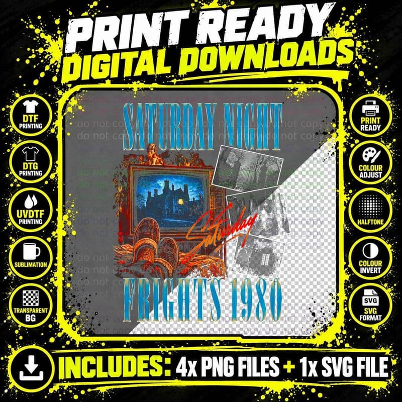Saturday Night Frights 1980 Haunted House on TV Retro Png SVG Digital Bundle