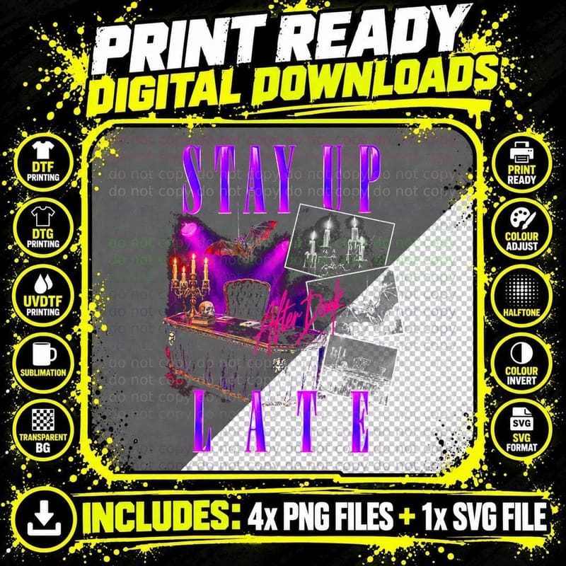 Stay Up Late After Dark Coffin Desk Candles Skull 80s Png SVG Digital Bundle