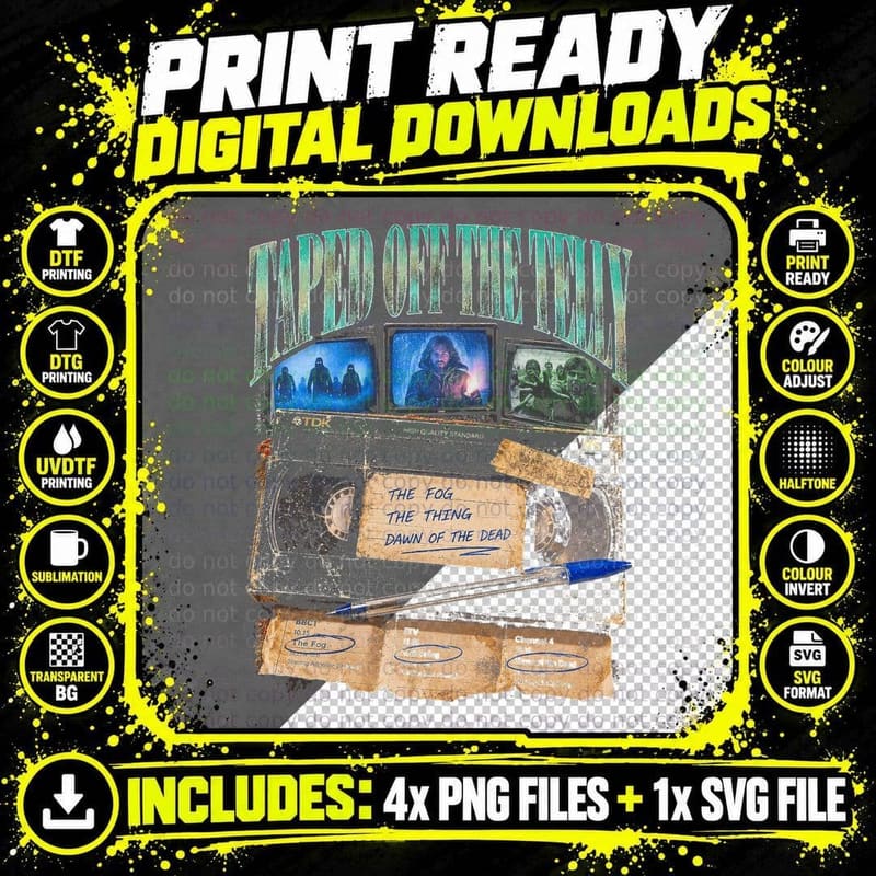 Taped Off the Telly Home Recorded VHS Tape Retro 80s Png SVG Digital Bundle