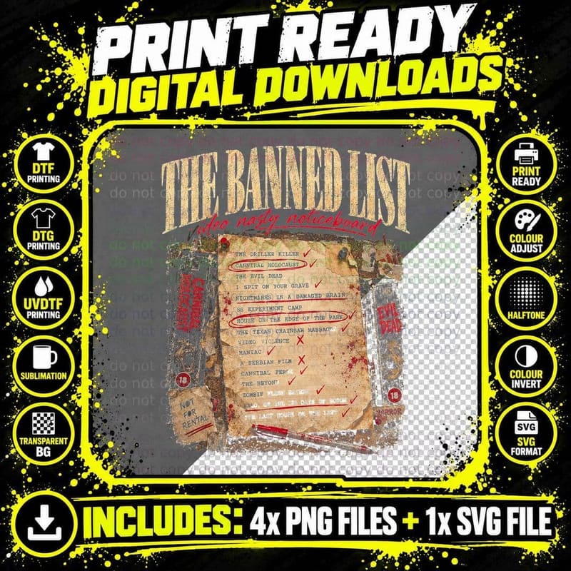 The Banned List Video Nasty Noticeboard 80s Horror Png SVG Digital Bundle