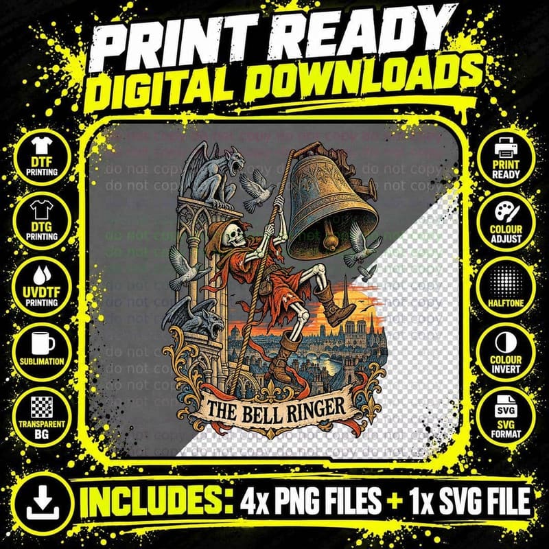 The Bell Ringer Tarot Card Skeleton Cathedral Gargoyles Png SVG Digital Bundle