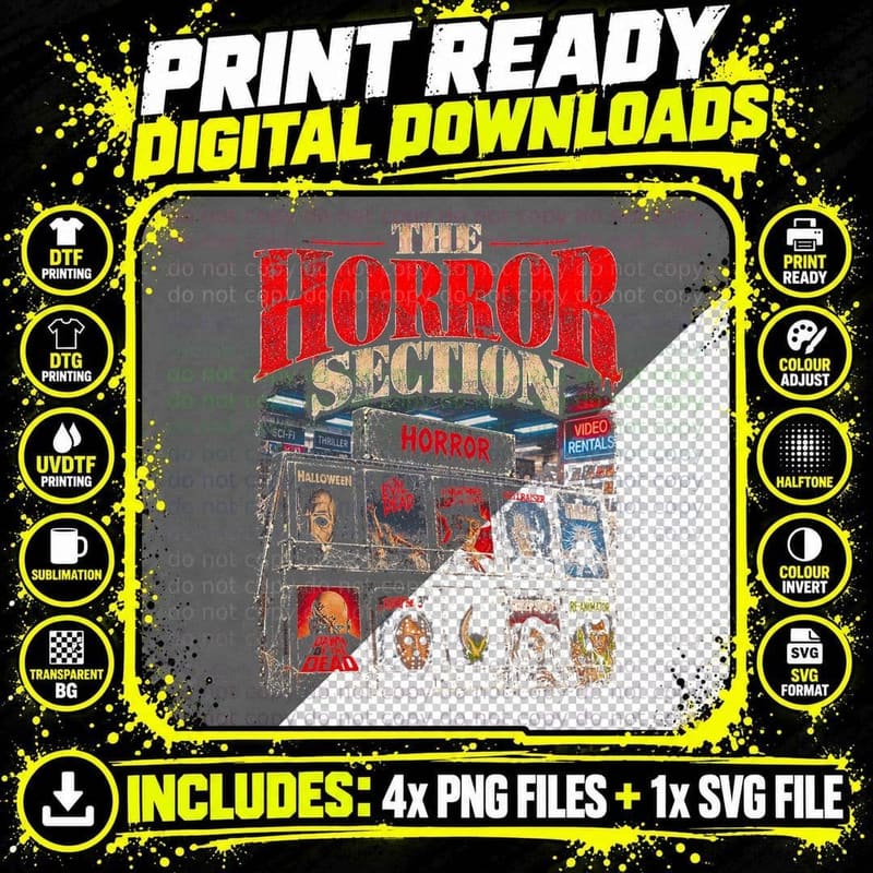 The Horror Section Video Rental Shop Shelves VHS Retro Png SVG Digital Bundle