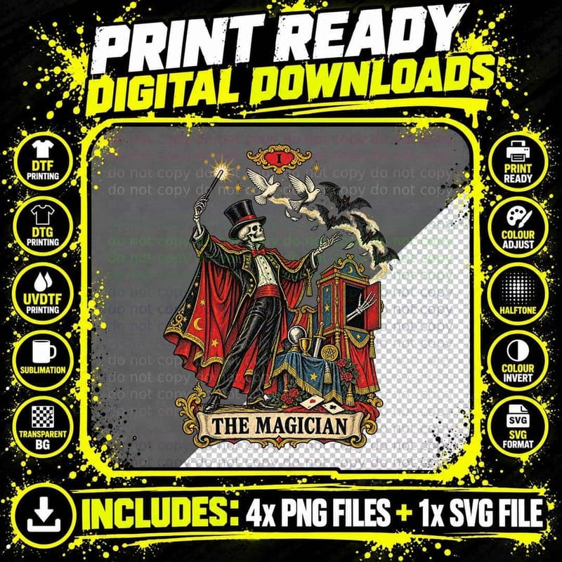 The Magician Tarot Card Skeleton Top Hat Wand Doves Bats Png SVG Digital Bundle