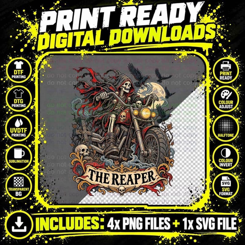 The Reaper Tarot Card Skeleton Biker Motorcycle Ravens Png SVG Digital Bundle