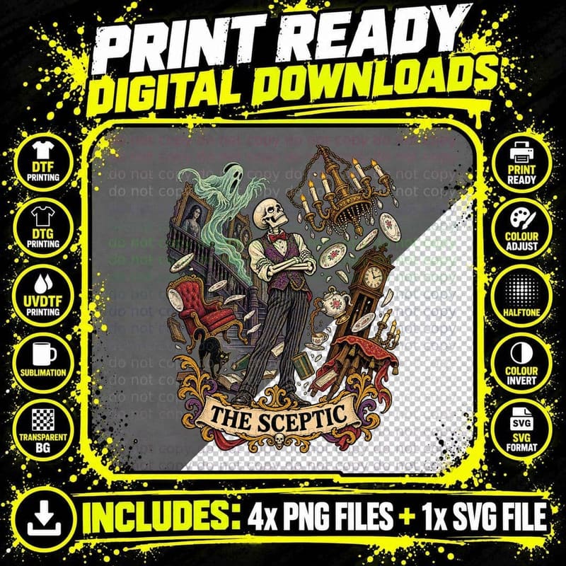 The Sceptic Tarot Card Skeleton Ghost Haunted House Png SVG Digital Bundle