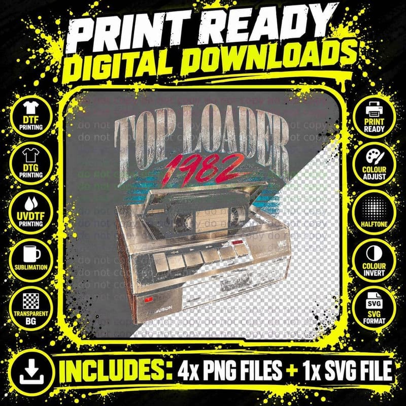 Top Loader 1982 VHS Video Recorder Retro 80s Nostalgia Png SVG Digital Bundle